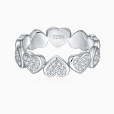 Heart moissanite wedding band with raised heart stones, white gold vermeil finish
