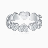 Heart moissanite wedding band with raised heart stones, white gold vermeil finish
