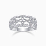White gold vermeil moissanite band ring, hollow-cut lattice with pavé sparkle