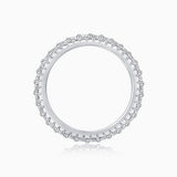 Moissanite pavé eternity band ring front view, round profile with fully set stones