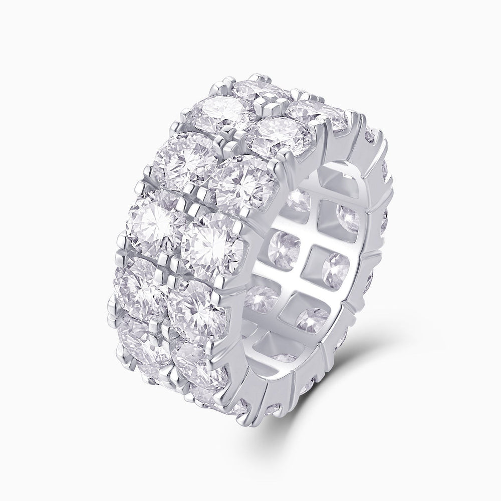 Double-row moissanite eternity band in white gold vermeil with bezel-set stones