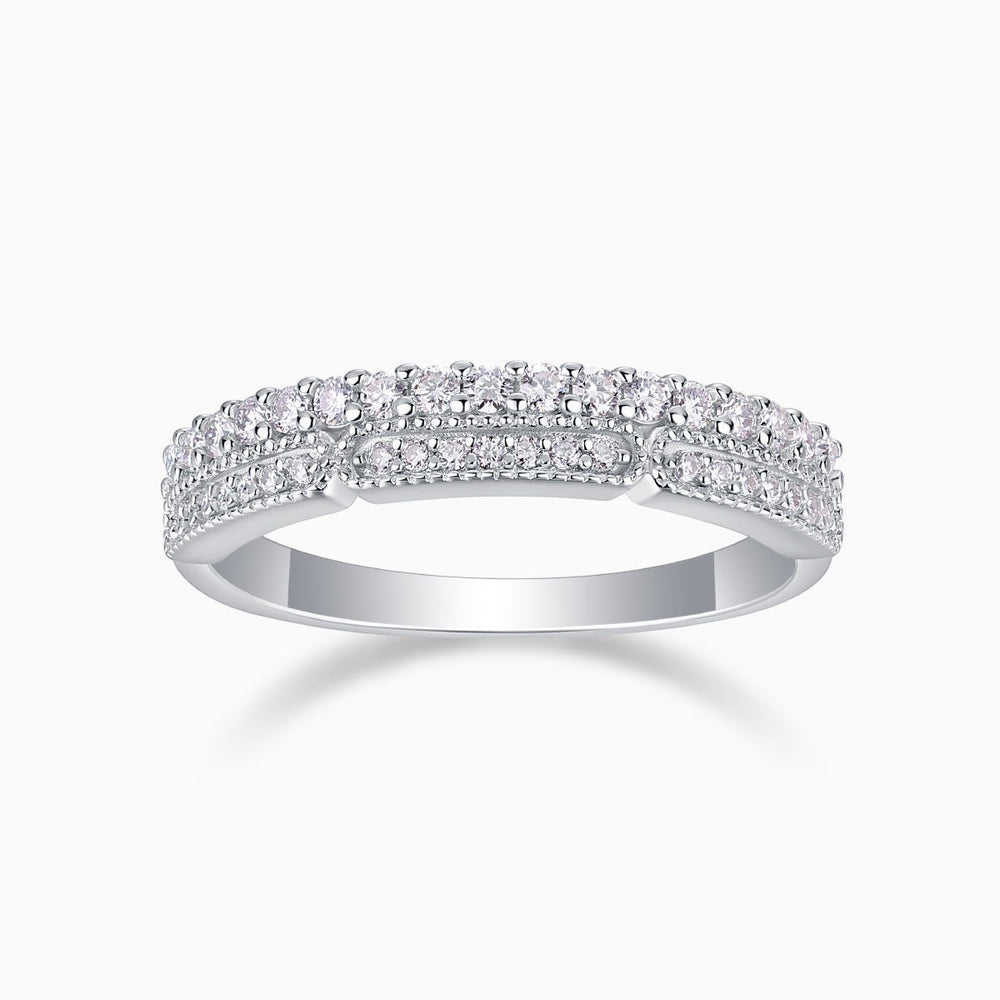 Moissanite half pavé eternity band, white gold vermeil, pavé stone row