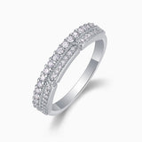 Moissanite half pavé eternity band, side angle, pavé stones, white gold vermeil