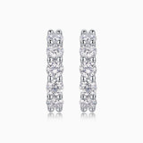 Round moissanite hoop earrings with four bezel-set round stones, white gold vermeil