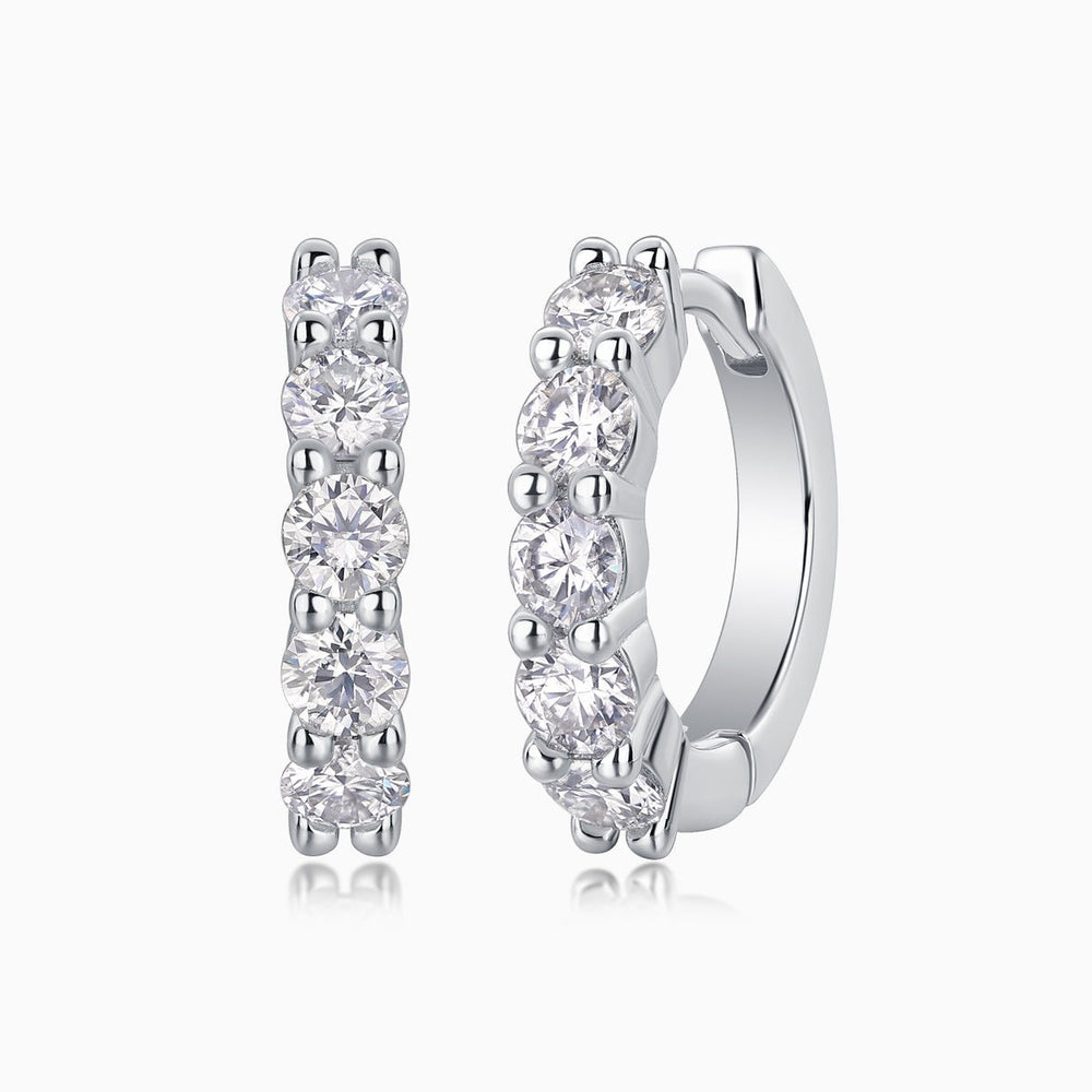 Round moissanite hoop earrings in white gold vermeil, four sparkling round stones