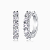 Round moissanite hoop earrings in white gold vermeil, four sparkling round stones