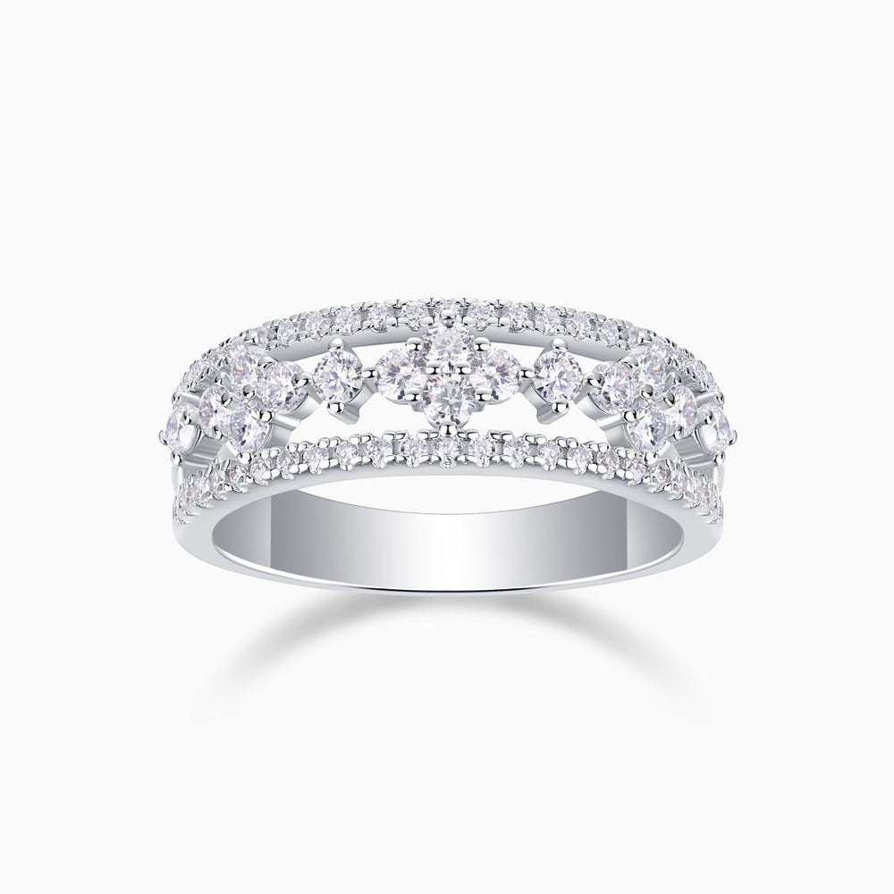 Moissanite half-row wedding band in white gold vermeil with sparkling bezel-set stones
