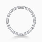 Round moissanite pavé wedding band top view, stones evenly set around the band