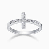 Moissanite thin cross band ring with pave stones on cross and band