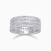 Triple row moissanite wide band ring with white stones on a white metal band