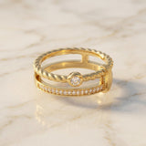 Double-band ring with twisted rope band, round center stone and pavé row, yellow gold vermeil