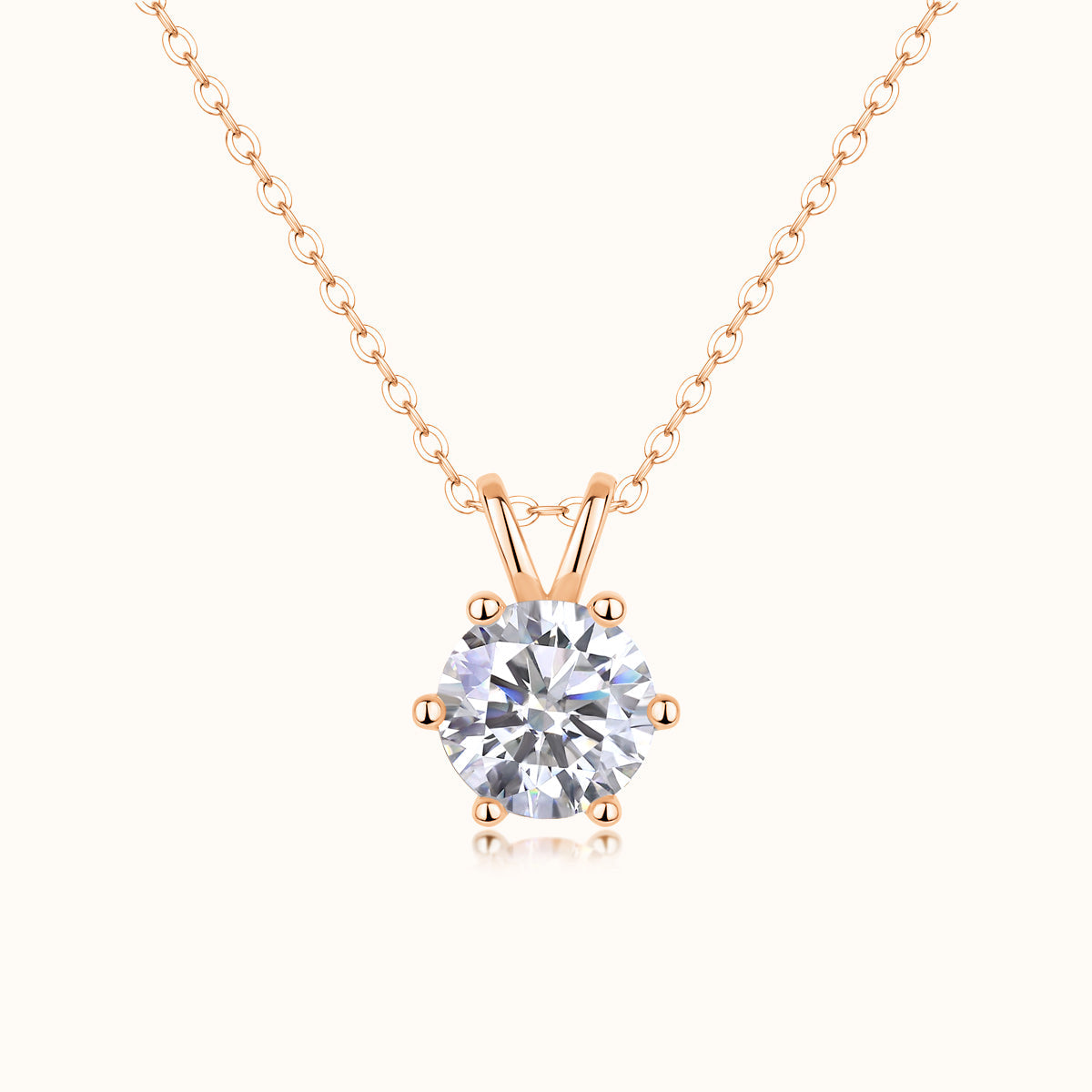 Round moissanite crown solitaire pendant, 6-prong setting, rose gold vermeil chain