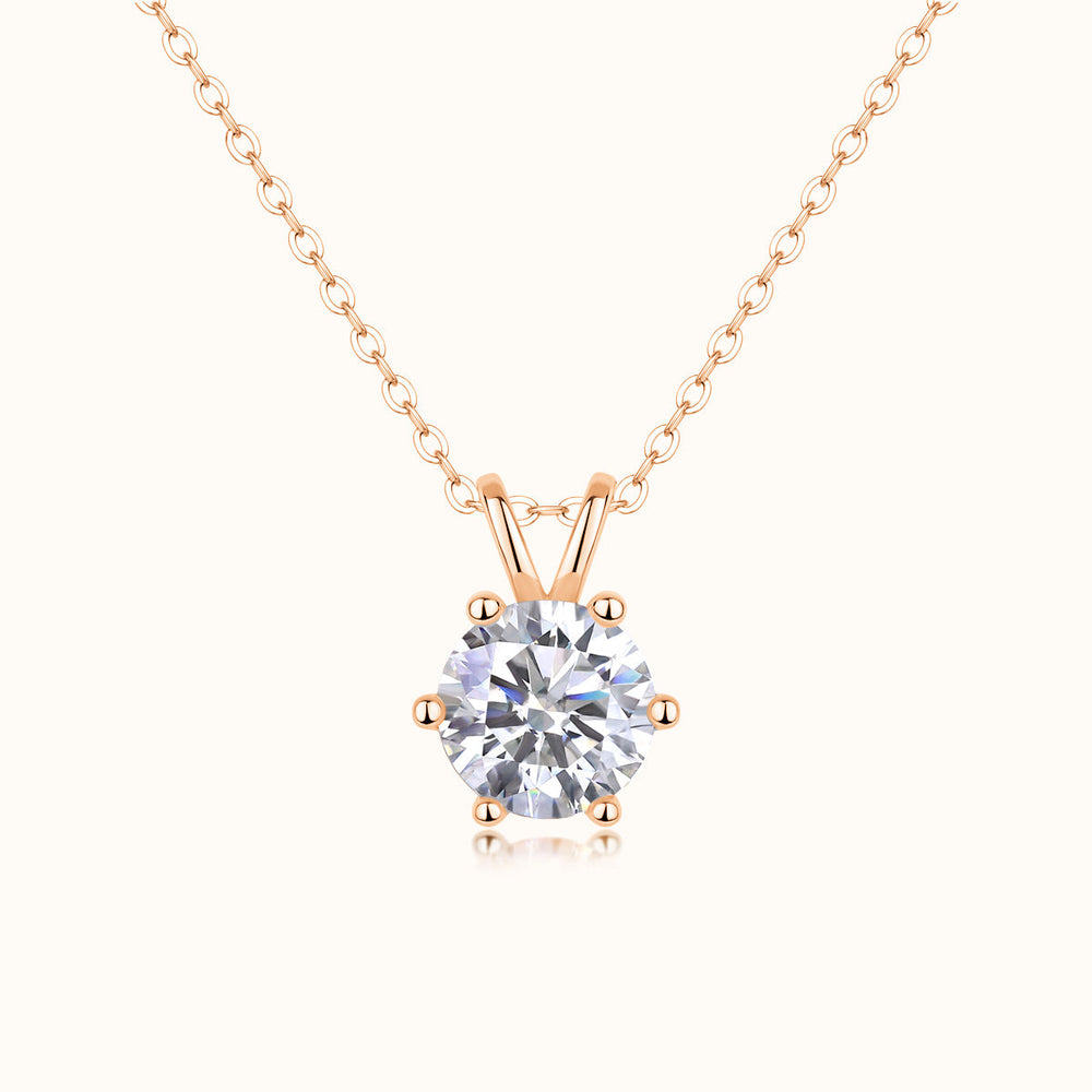 Round moissanite crown solitaire pendant, 6-prong setting, rose gold vermeil chain