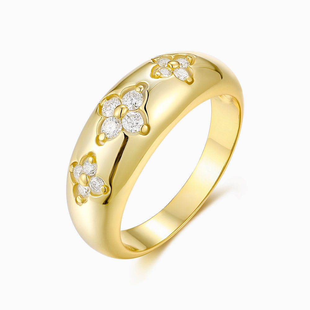 Yellow gold vermeil moissanite eternity ring with round stone clover motifs