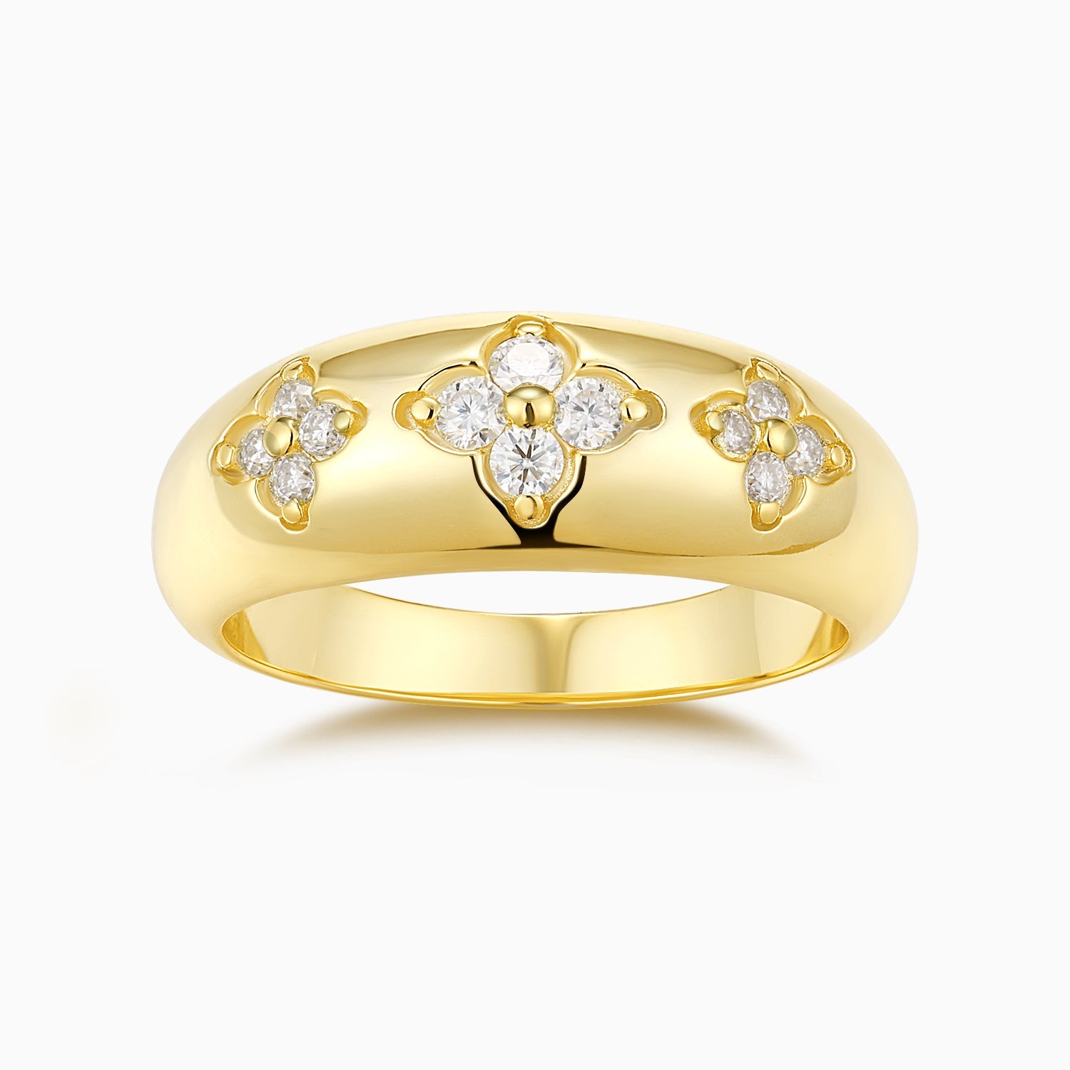 Moissanite eternity band ring, yellow gold vermeil, round stones in clover settings
