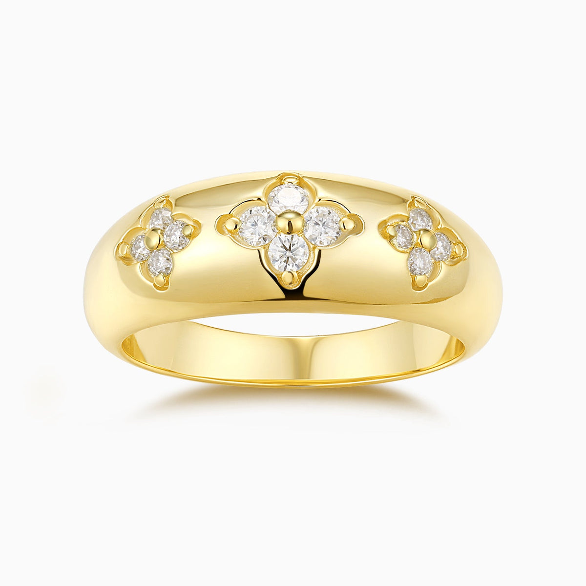 Moissanite eternity band ring, yellow gold vermeil, round stones in clover settings