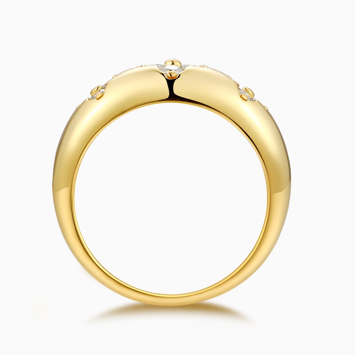 Yellow gold vermeil eternity band ring, side view with small round moissanite settings