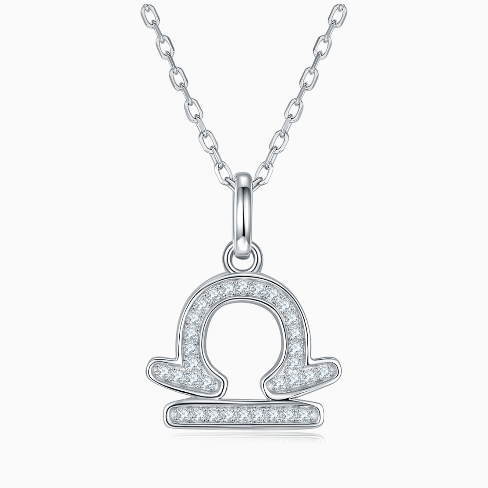 Libra zodiac pendant necklace, white gold vermeil with round moissanite stones