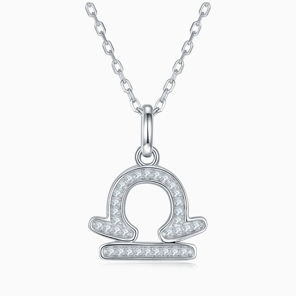 Libra zodiac pendant necklace, white gold vermeil with round moissanite stones
