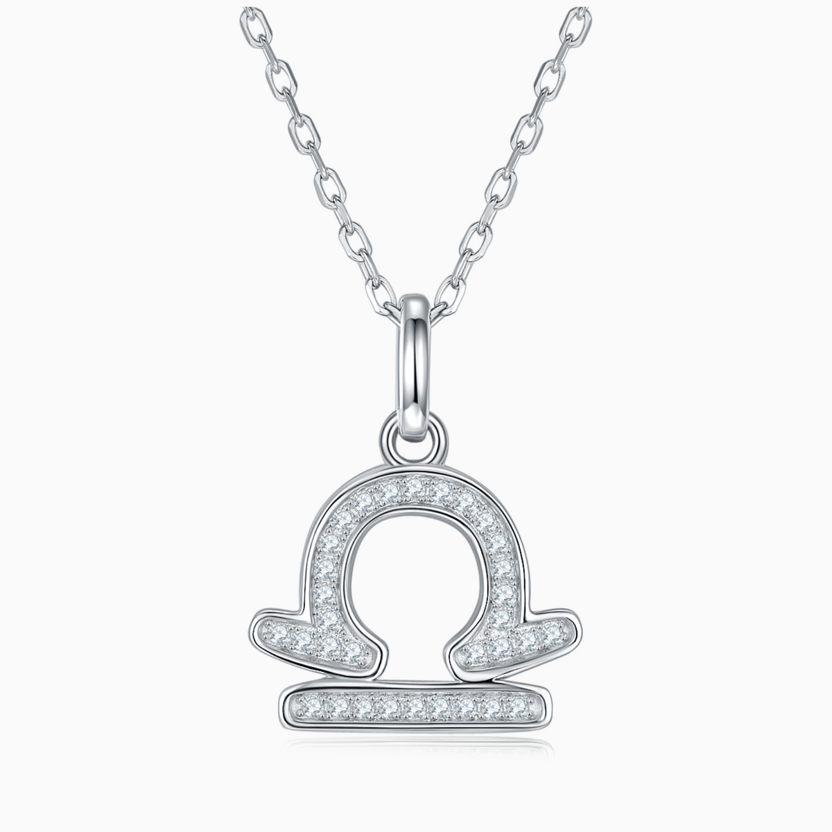 Libra zodiac pendant necklace, white gold vermeil with round moissanite stones