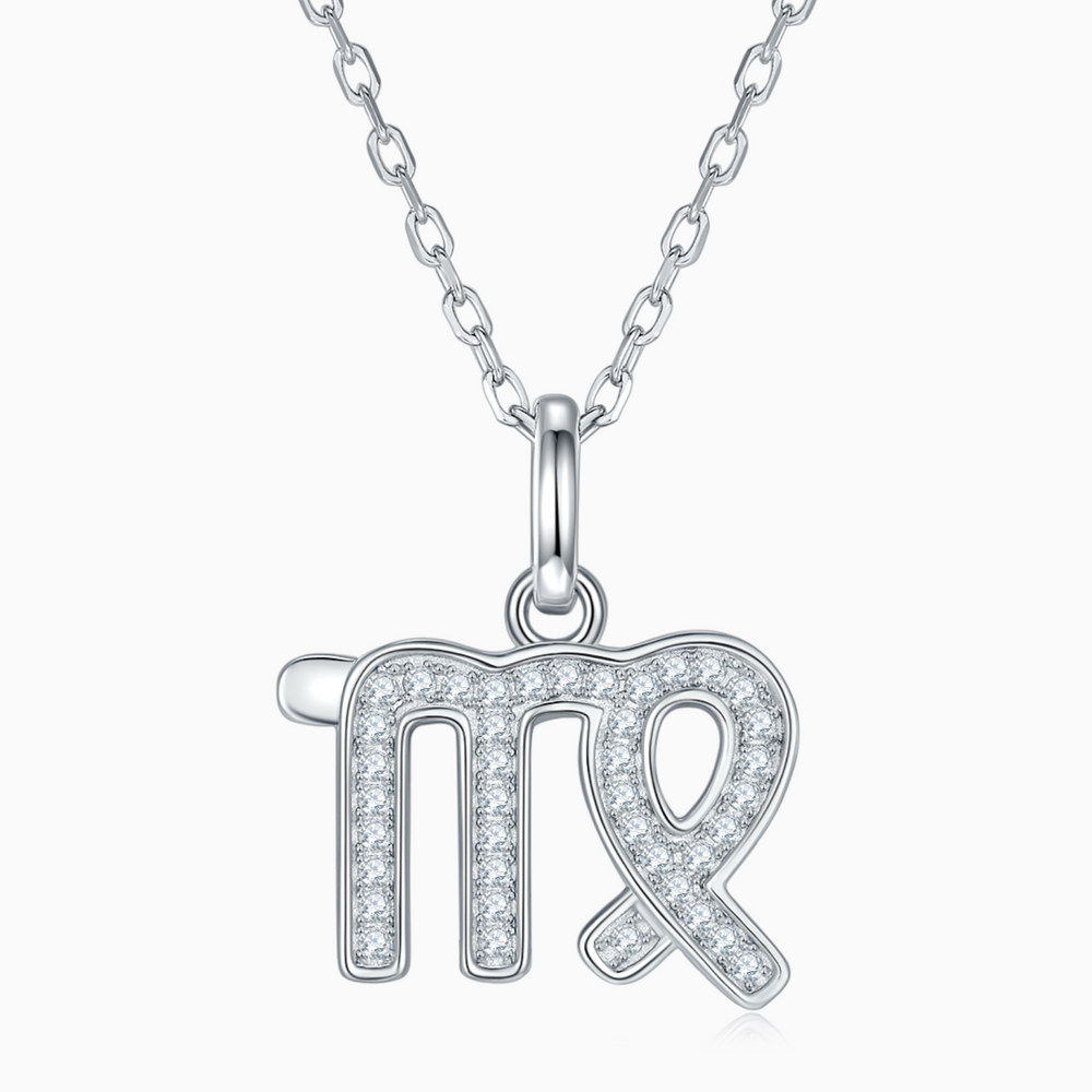 Virgo pendant necklace, white gold vermeil; pavé crystal and green enamel V charm