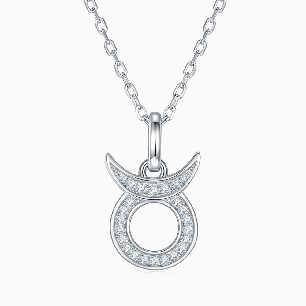 Taurus moissanite pendant necklace, white gold vermeil pavé charm on chain