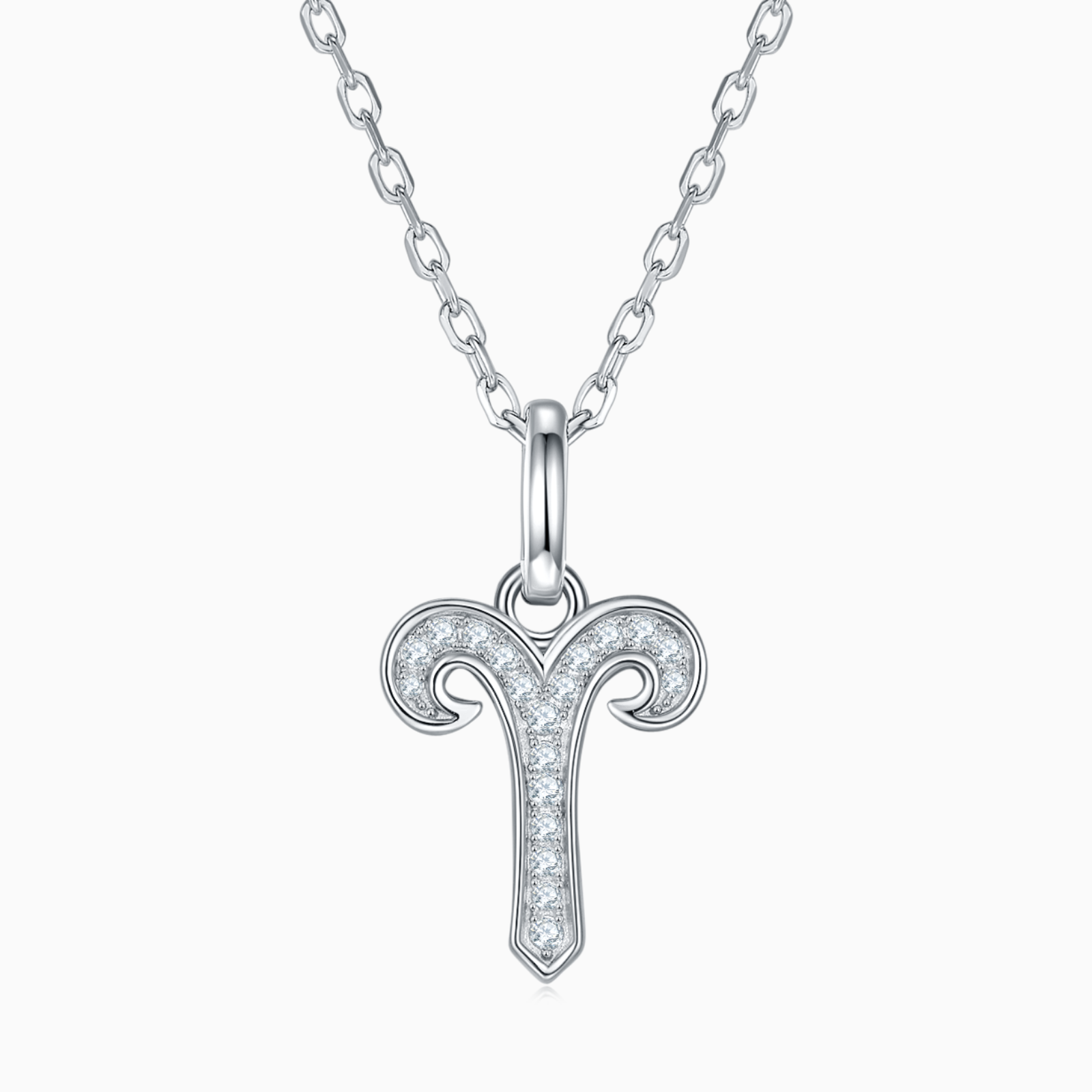 Aries zodiac moissanite pendant necklace, white gold vermeil, ram-horns icon