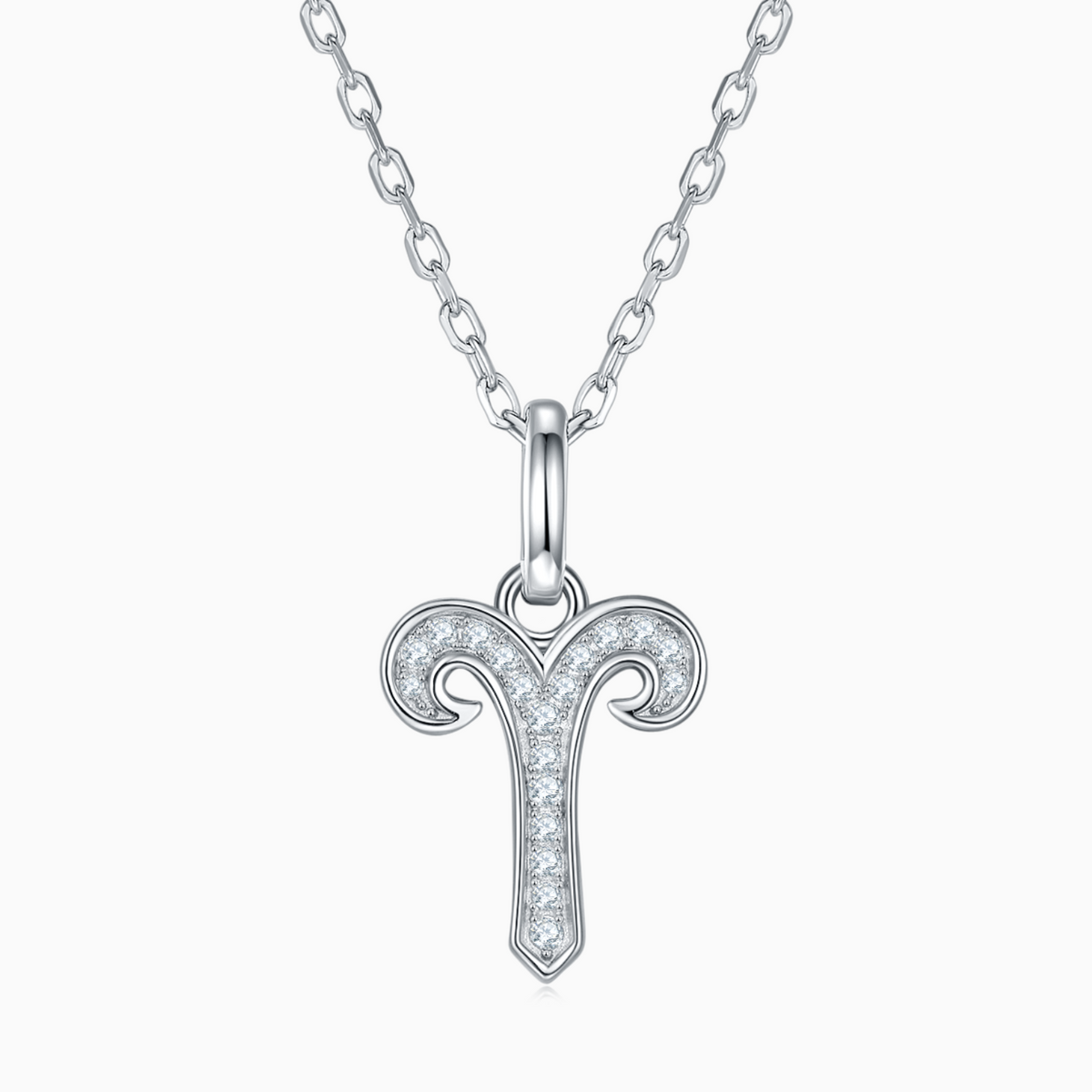 Aries zodiac moissanite pendant necklace, white gold vermeil, ram-horns icon