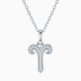Aries zodiac moissanite pendant necklace, white gold vermeil, ram-horns icon