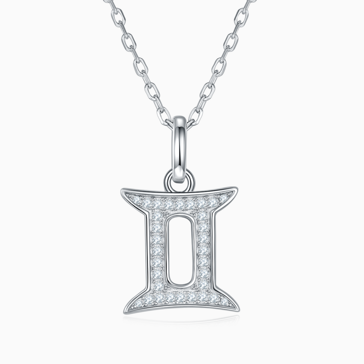 Gemini moissanite pendant necklace, white gold vermeil; pavé bezel pendant on chain