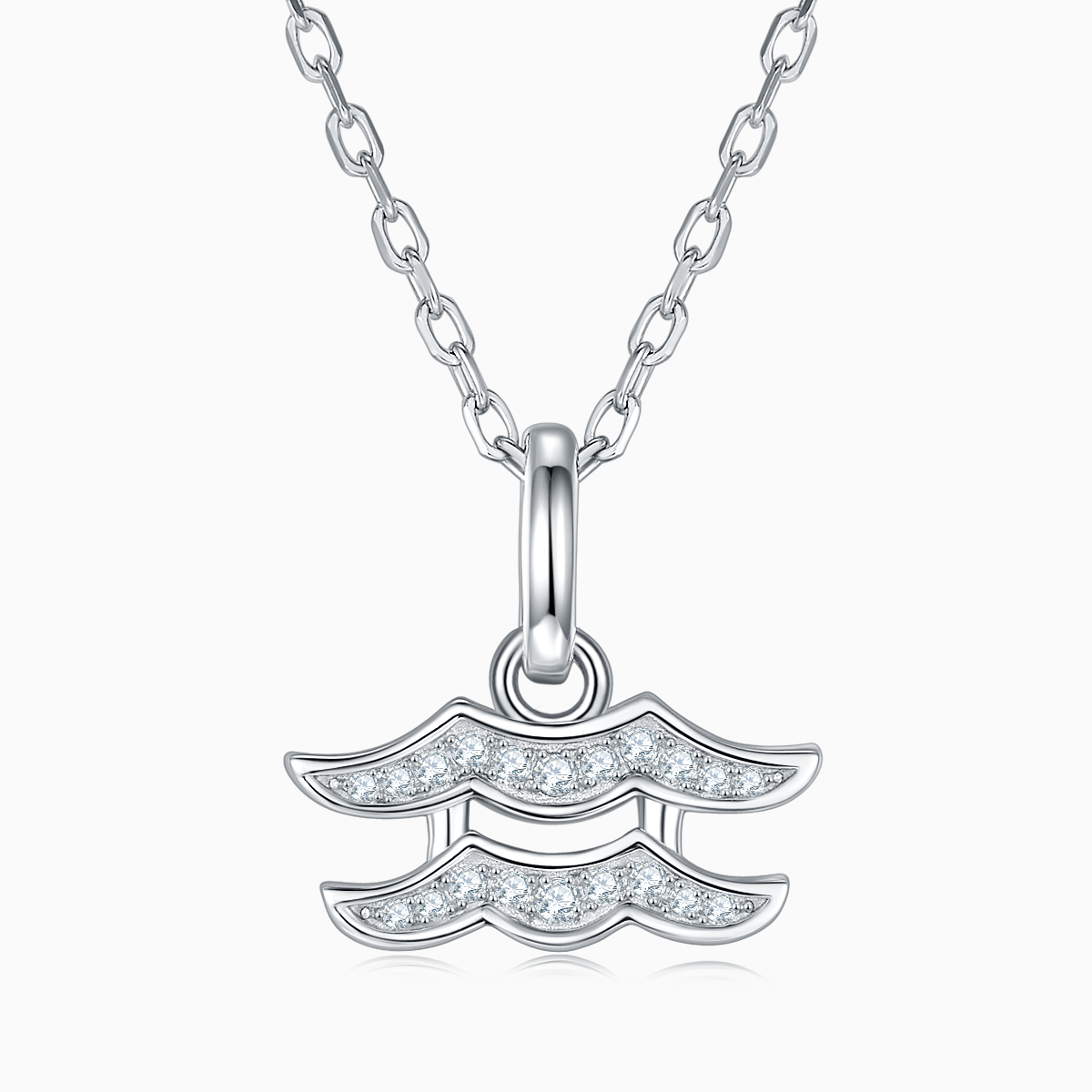 Aquarius moissanite pendant necklace, two-layer wave charm with clear stones on silver chain