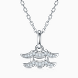 Aquarius moissanite pendant necklace, two-layer wave charm with clear stones on silver chain