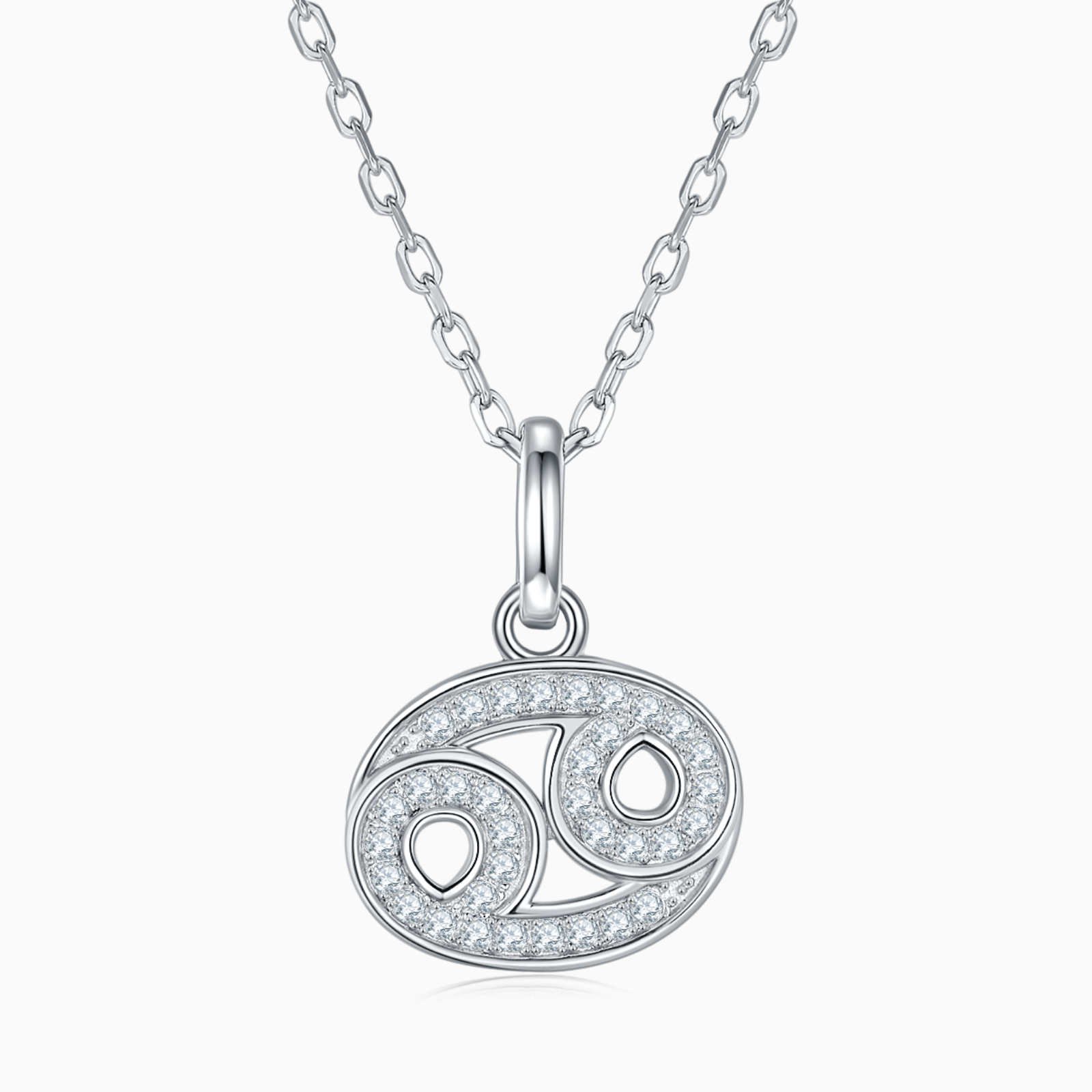 Moissanite Cancer pendant necklace with oval charm, pave stones, and bail on chain