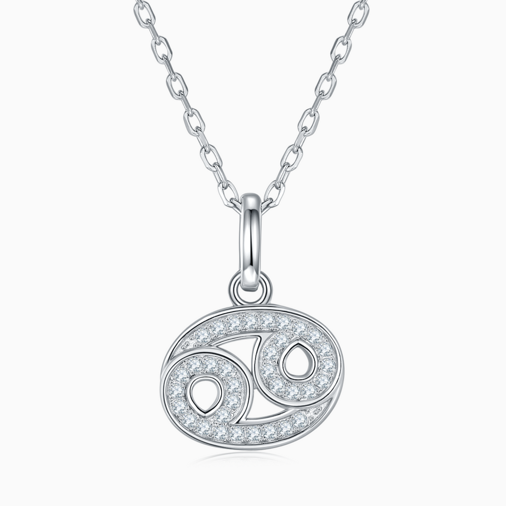 Moissanite Cancer pendant necklace with oval charm, pave stones, and bail on chain