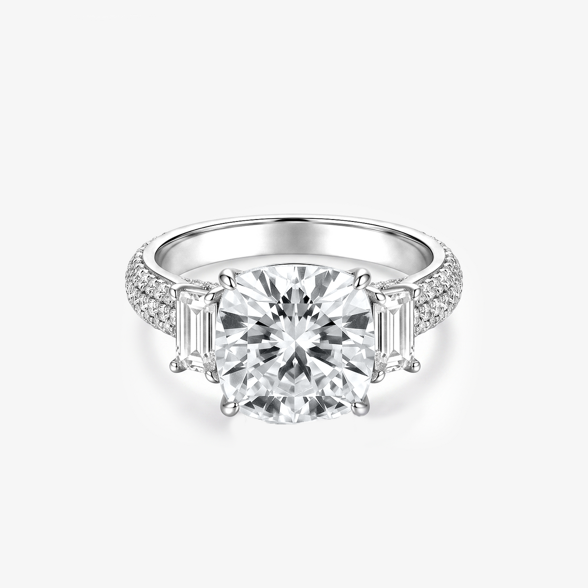 Cushion Moissanite Emerald Side Pavé Ring