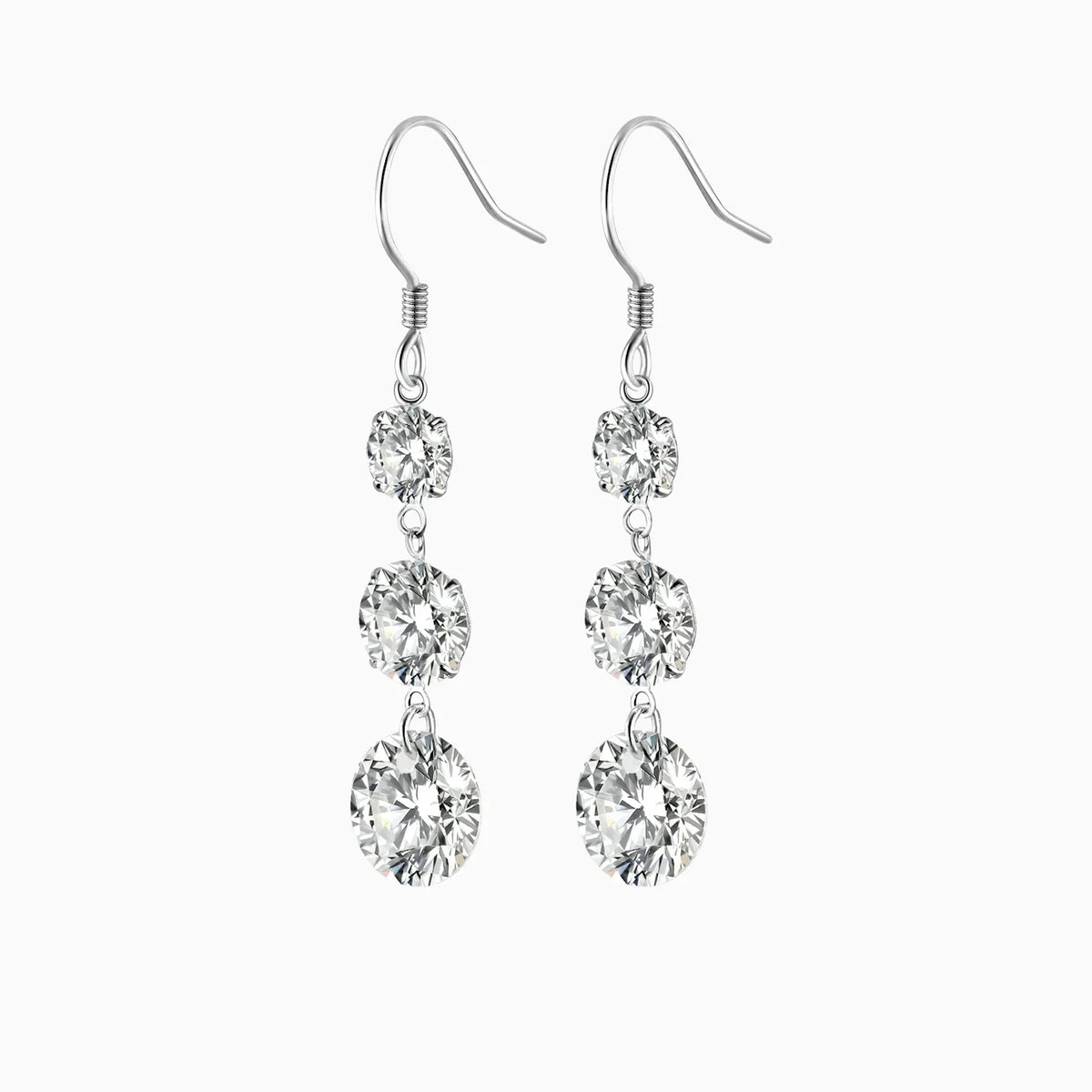 Three round moissanite stones drop earrings, graduated cascade style, white gold vermeil