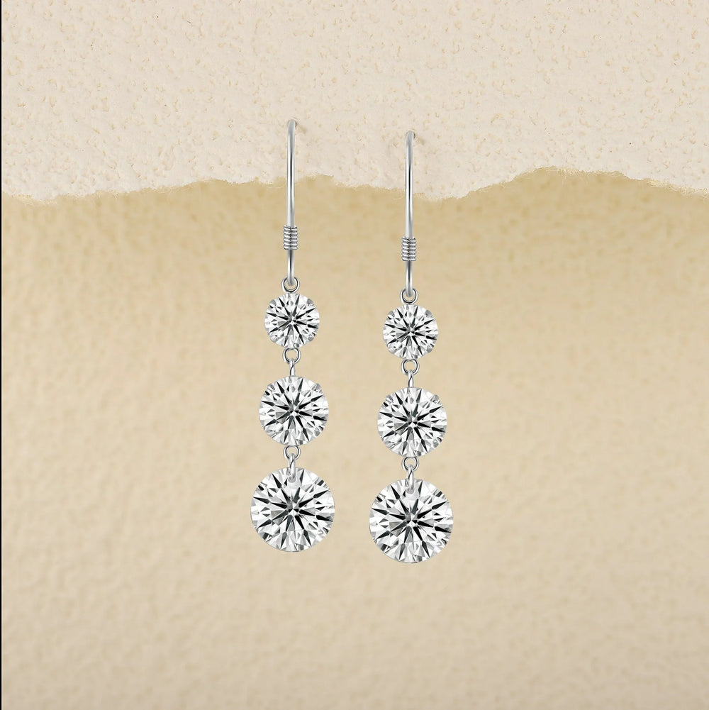 3-stone graduated cascade drop earrings, three round moissanite stones in white gold vermeil