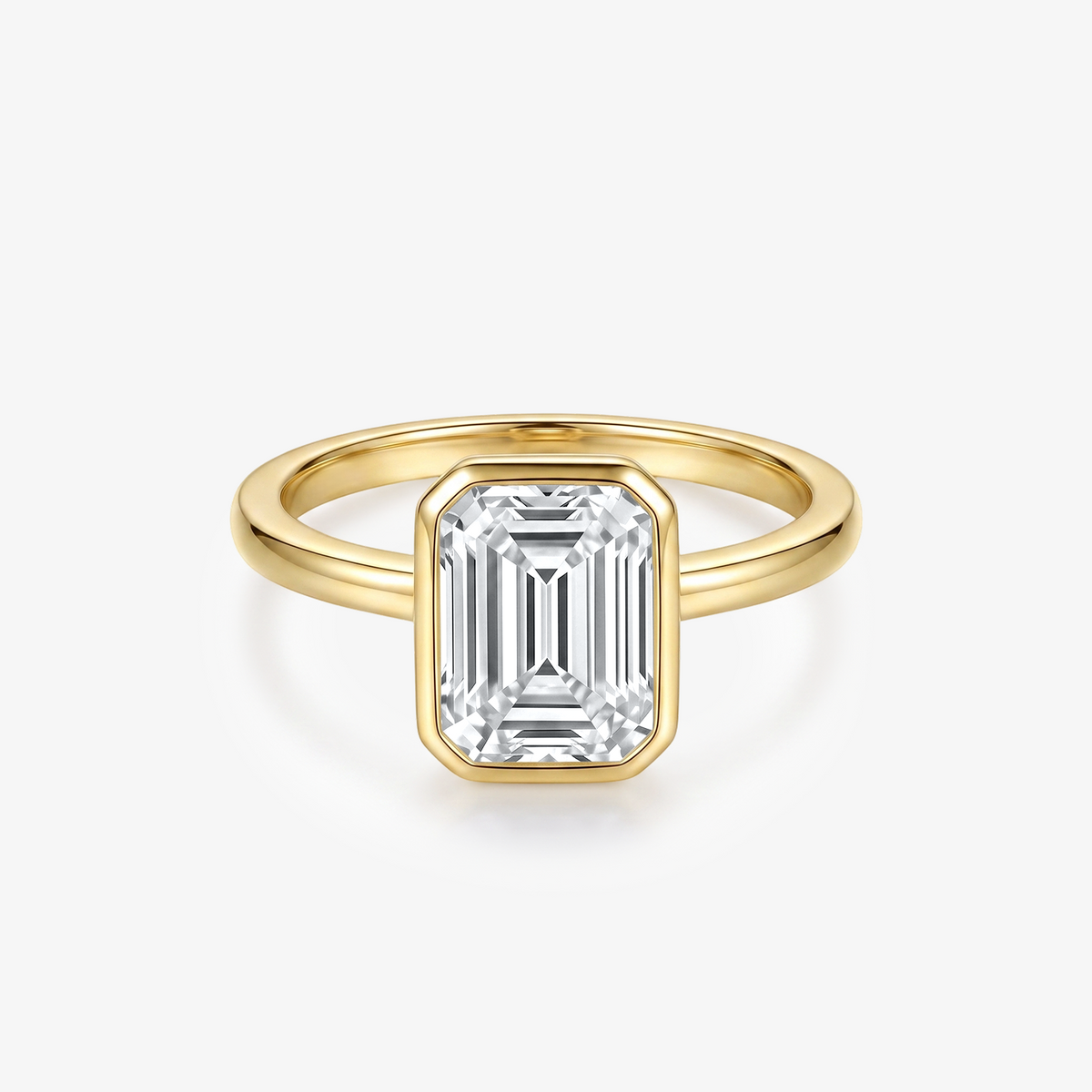 Emerald Moissanite Bezel Solitaire Gold Ring