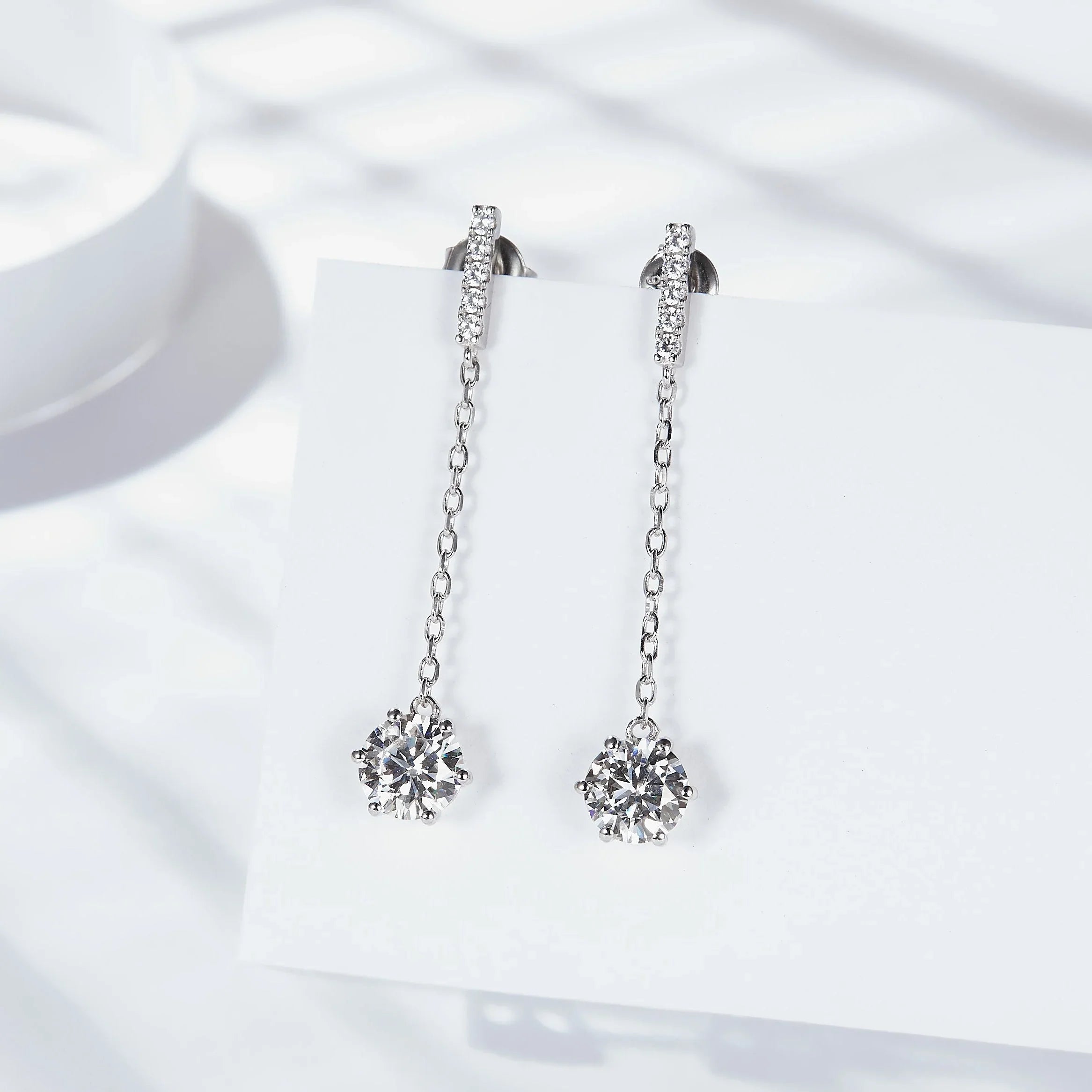 Chain-drop moissanite earrings with pavé bar, round sparkle stones; white gold vermeil