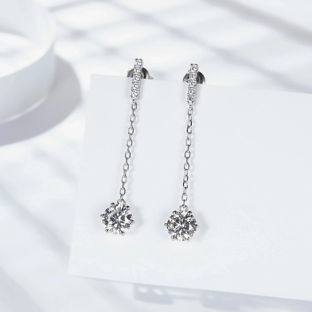 Chain-drop moissanite earrings with pavé bar, round sparkle stones; white gold vermeil