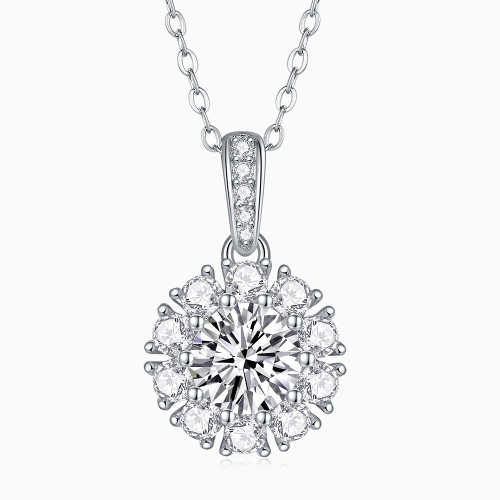 Halo moissanite pendant: oval center stone with round halo, white gold vermeil chain
