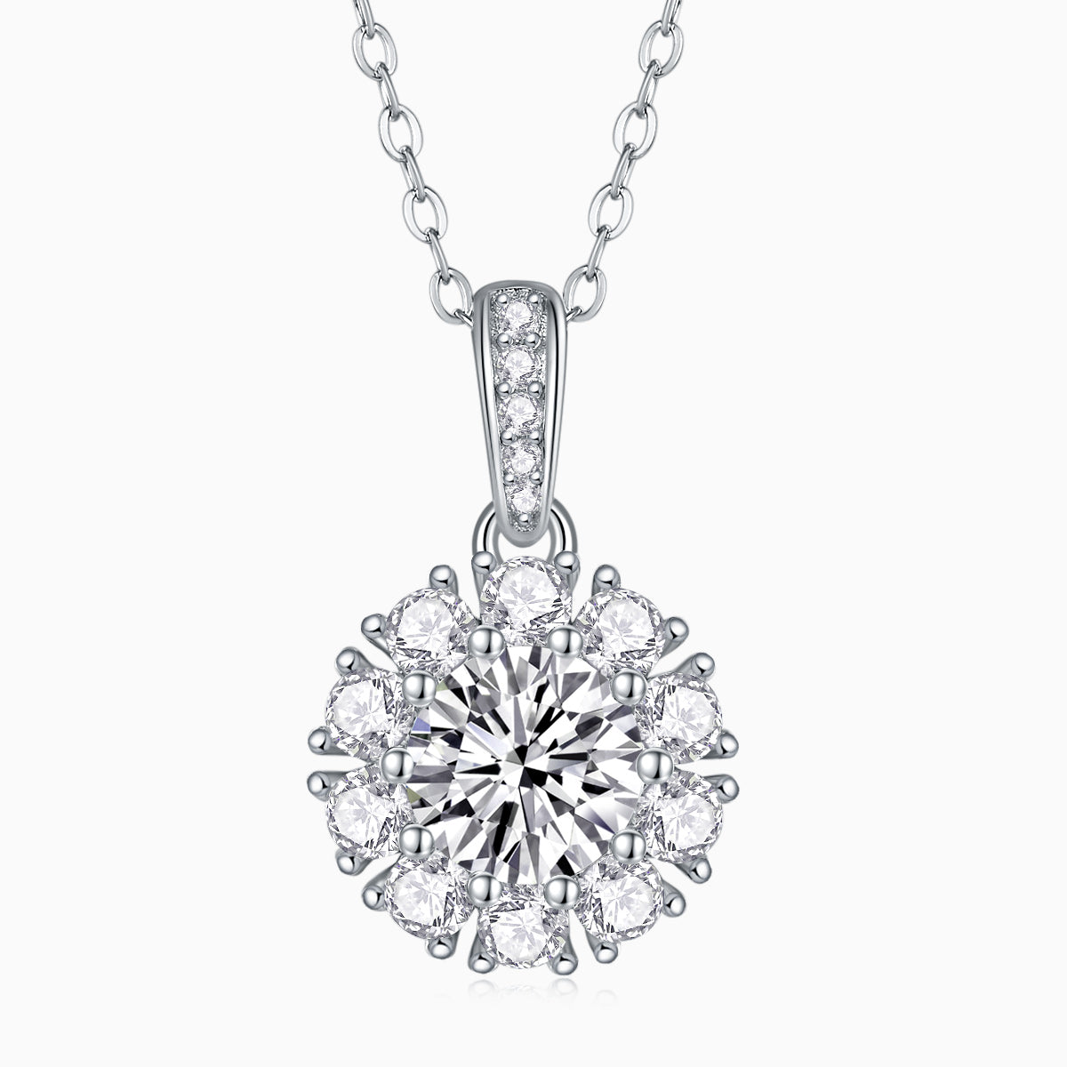 Halo moissanite pendant: oval center stone with round halo, white gold vermeil chain