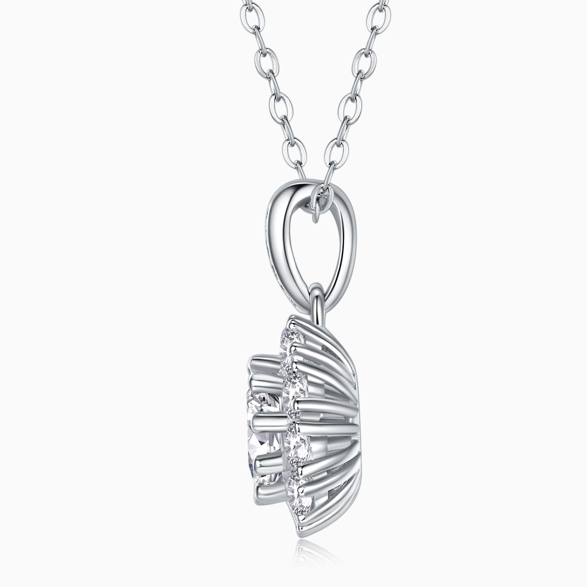 Side view halo moissanite pendant with curved setting and prong-set stones