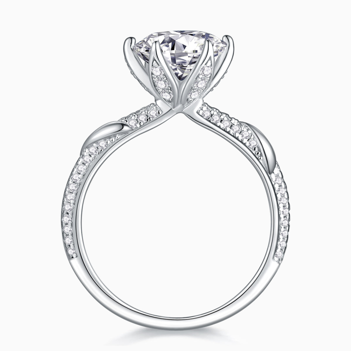 Round center moissanite with pavé split shank and double-set prongs, white gold vermeil