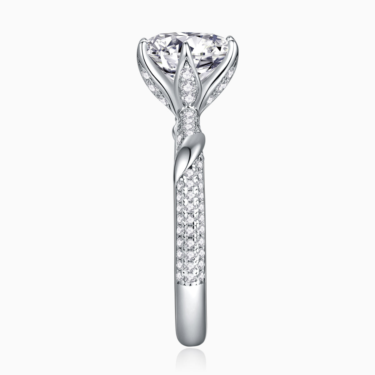 Vertical view of pavé moissanite ring with round center stone and full-shank pave detailing