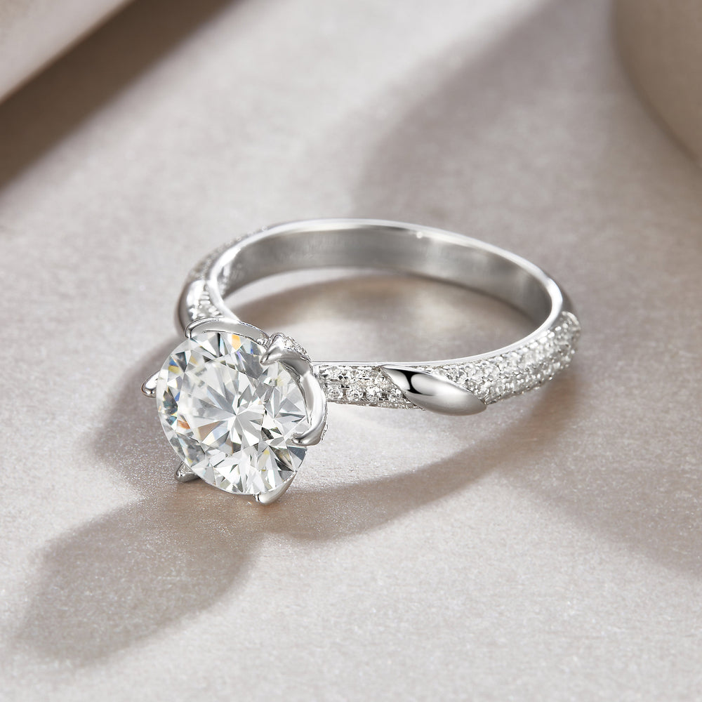 3ct moissanite ring with round center stone and twisted pavé band, white gold vermeil