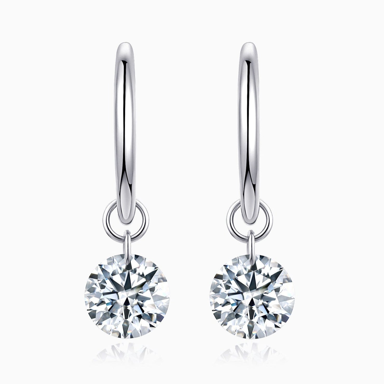 Chunky hoop earrings with round moissanite solitaire charm, white gold vermeil