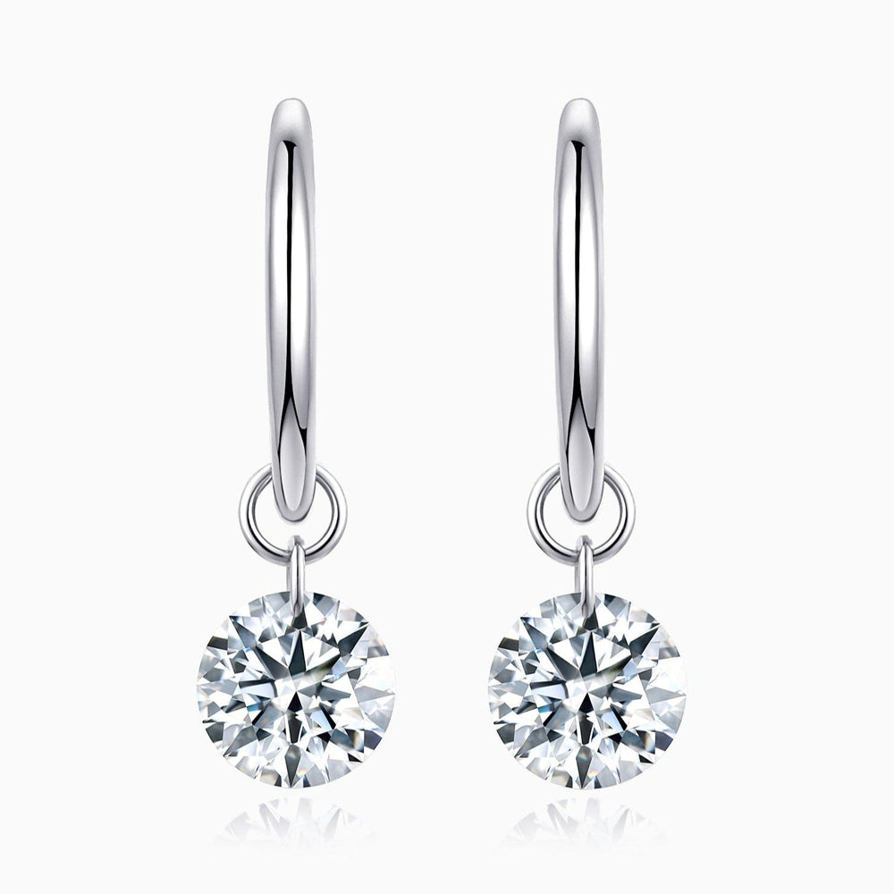 Chunky hoop earrings with round moissanite solitaire charm, white gold vermeil