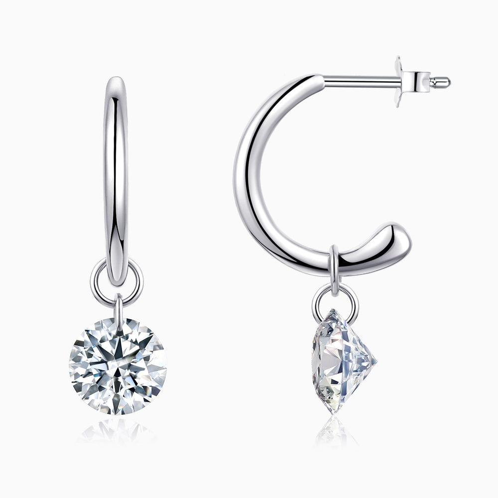 Hinged chunky hoop earrings with round moissanite charm dangle, white gold vermeil