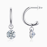 Hinged chunky hoop earrings with round moissanite charm dangle, white gold vermeil